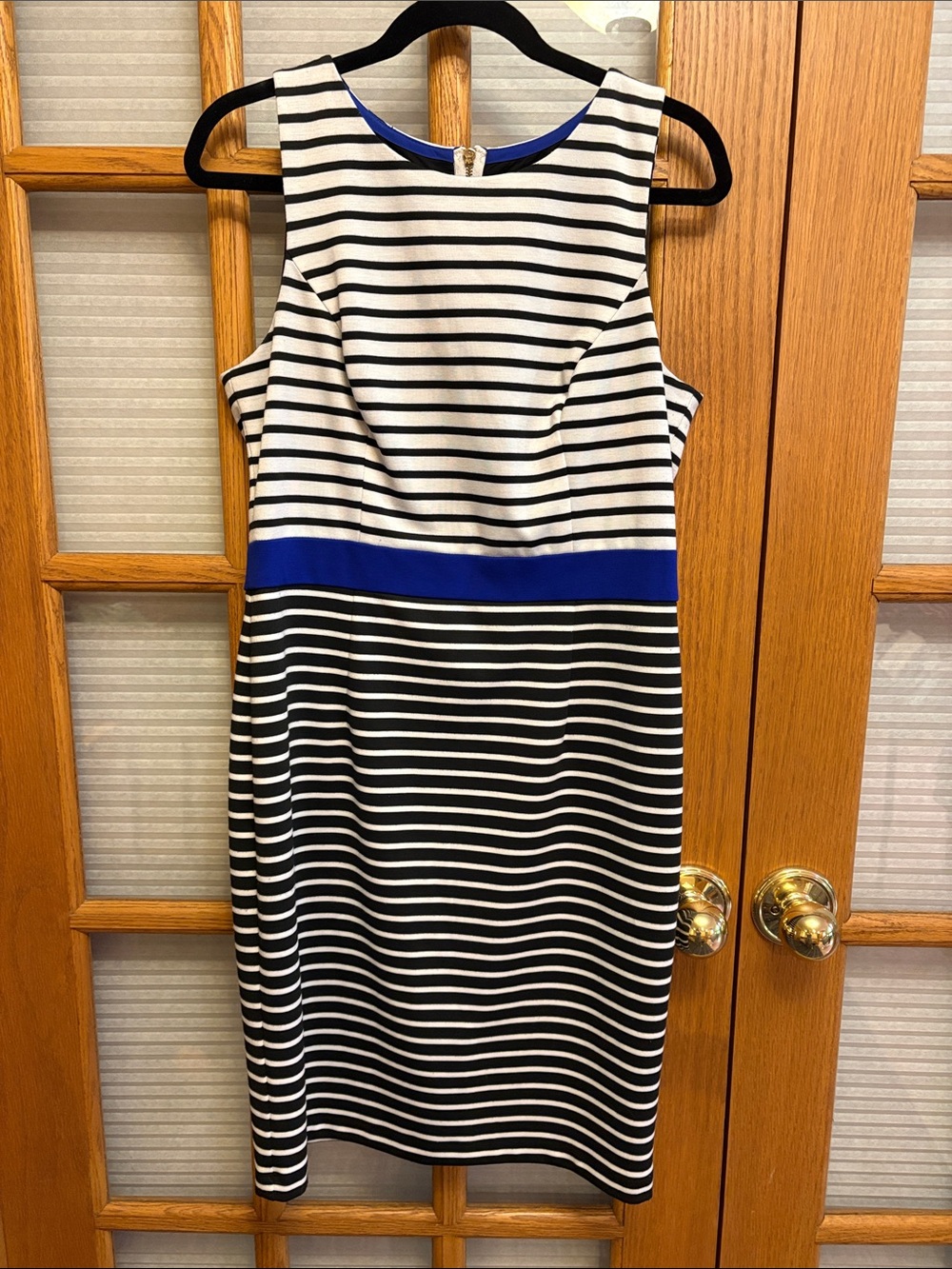 Eliza J Black & White Striped Midi Dress with Royal Blue Band